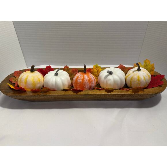 Carved Wooden Dough Bowl Primitive Wood Rustic Fall Decor, Pumpkins, Leaves - Picture 2 of 13